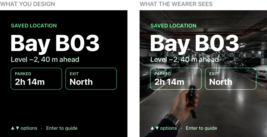 Side by side comparison of an application on a black background and the same frame composited over a real scene