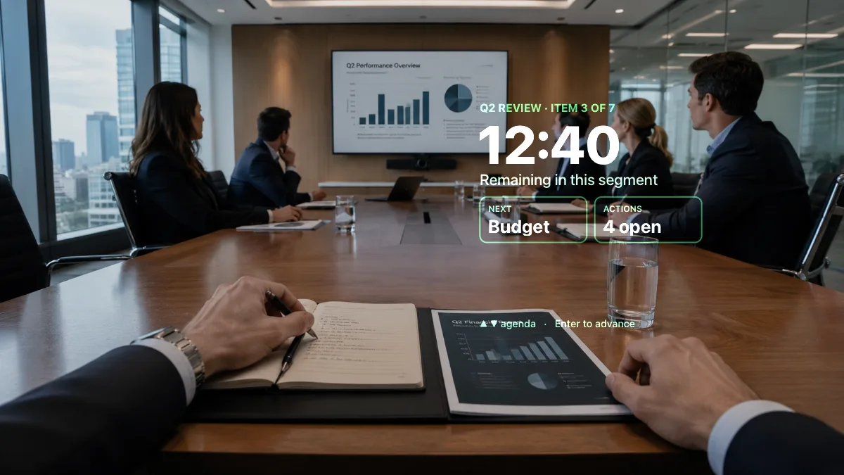 A meeting agenda application rendered in the heads-up display over a conference room scene