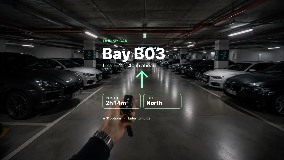 A wayfinding application rendered in the heads-up display, centered over a parking garage scene