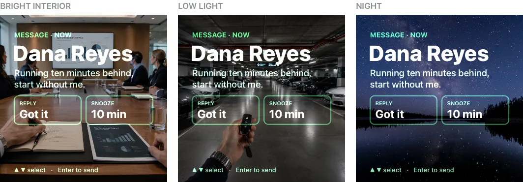 The same interface composited over a bright interior, a low light scene and a night scene