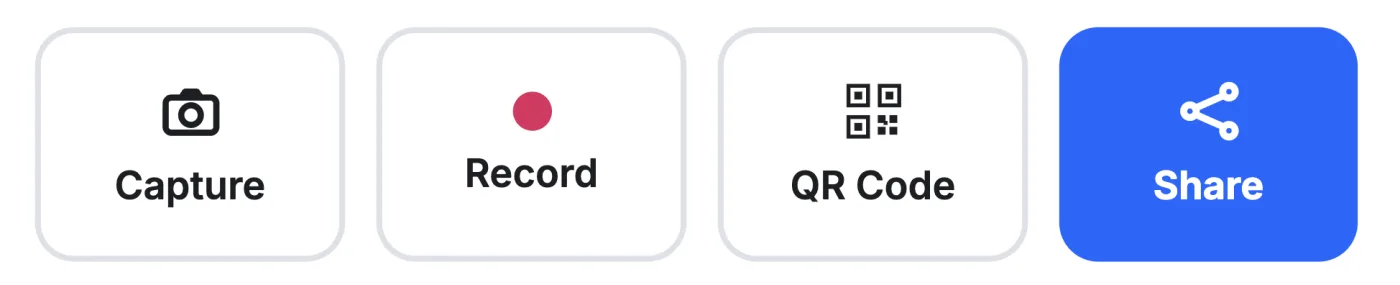Capture, Record, QR Code and Share buttons