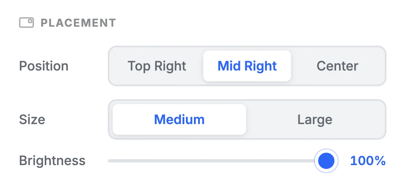Placement controls for position, size and brightness