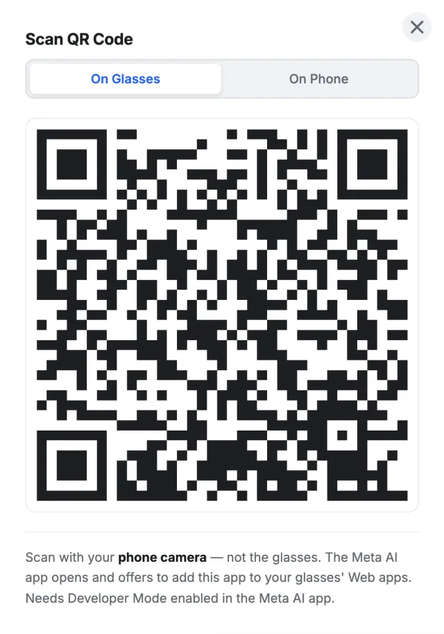The QR code panel with On Glasses and On Phone modes